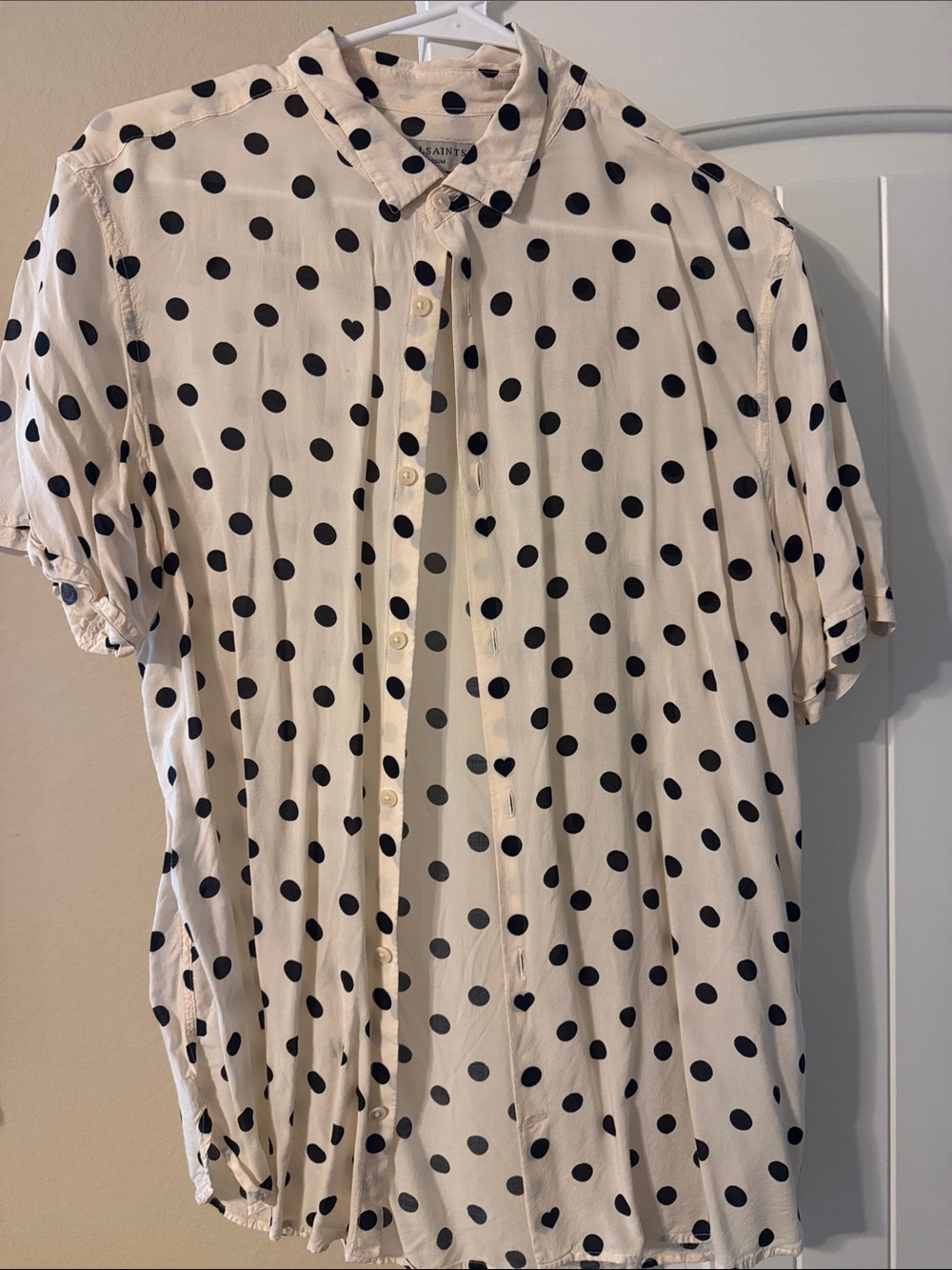 All Saints Cream Short-Sleeve Button-Down Shirt with Black Polka Dots